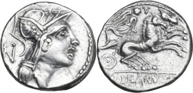 D. Junius Silanus L.f. AR Denarius, 91 BC. Obv. Helmeted head of Roma right; behind, N. Rev. Victory in biga right; above, V; in exergue, D·SILANV[S·L...