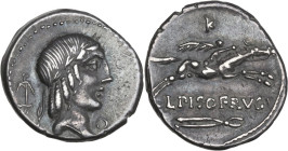 L. Calpurnius Piso Frugi. AR Denarius, 90 BC. Obv. Laureate head of Apollo right; behind, anchor; below chin, O. Rev. Horseman galloping right holding...