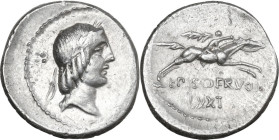 L. Calpurnius Piso Frugi. AR Denarius, 90 BC. Obv. Laureate head of Apollo right; behind, four pellets. Rev. Horseman galloping right holding palm; be...