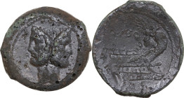 L. Calpurnius Piso Frugi. AE As, 90 BC. Obv. Laureate head of Janus; above, I (mark of value). Rev. L PISO. Prow right, on which Victory stands right,...