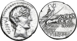 C. Vibius Pansa. AR Denarius, 90 BC. Obv. Laureate head of Apollo right; behind, PANSA; below chin, control-mark. Rev. Minerva in quadriga right; in e...