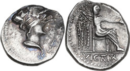 M. Cato. AR Denarius, 89 BC. Geta-Dacian imitation (?), copying M. Cato. Obv. Female draped bust right; behind; below, M·CAT[O]. Rev. Victory seated r...