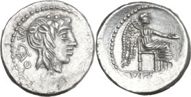M. Cato. AR Quinarius, 89 BC. Obv. Head of Liber right, wearing ivy-wreath; behind, M·CATO (AT ligate); below, control-mark. Rev. Victory seated right...