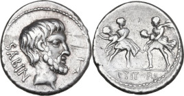 L. Titurius L.f. Sabinus. AR Denarius, 89 BC. Obv. Bearded head of King Tatius right; behind, SABIN; before, TA (ligate). Rev. Rape of the Sabine wome...