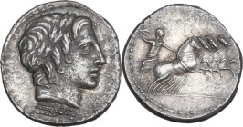 Vergilius, Gargilius and Ogulnius. AR Denarius, 86 BC. Obv. Laureate head of Apollo right; below, thunderbolt. Rev. Jupiter in fast quadriga right, ho...