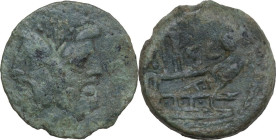 C. Licinius L. f. Macer. AE As. Rome, 84 BC. Obv. Laureate head of Janus; above, I. Rev. Prow right, male figure holding staff above, [E]X-SC across f...