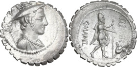 C. Mamilius Limetanus. AR Denarius serratus, 82 BC. Obv. Draped bust of Mercury right, wearing winged petasus, caduceus over left shoulder; behind, co...