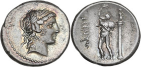 L. Marcius Censorinus. AR Denarius, 82 BC. Obv. Laureate head of Apollo right. Rev. The satyr Marsyas standing left, with right arm raised and holding...