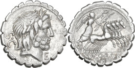 Q. Antonius Balbus. AR Denarius serratus, 83-82 BC. Obv. Laureate head of Jupiter right; behind, S·C; before, E. Rev. Victory in quadriga right; in ex...