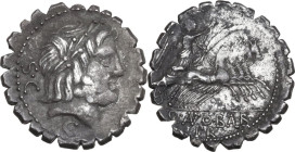 Q. Antonius Balbus. AR Denarius serratus, 83-82 BC. Obv. Laureate head of Jupiter right; behind, S·C. Rev. Victory in quadriga right; below, A; in exe...