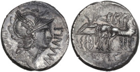 L. Manlius Torquatus. AR Denarius, mint moving with Sulla, 82 BC. Obv. Helmeted head of Roma right; before, L·MANLI·T (T set horizontally); behind, PR...