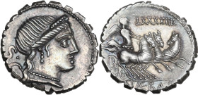 C. Naevius Balbus. AR Denarius serratus, 79 BC. Obv. Diademed head of Venus right; behind SC. Rev. Victory in triga right; above, LXXXXIIII; in exergu...