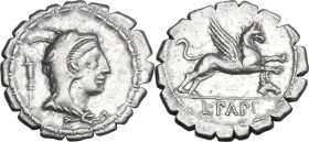 L. Papius. AR Denarius serratus, 79 BC. Obv. Head of Juno Sospita right, wearing goat's skin; behind, control-mark. Bead and reel border. Rev. Gryphon...