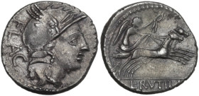 L. Rutilius Flaccus. AR Denarius, 77 BC. Obv. Helmeted head of Roma right; behind, FLAC. Rev. Victory in biga right; in exergue, L·RVTILI. Cr. 387/1; ...