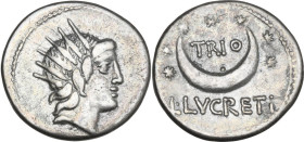 L. Lucretius Trio. AR Denarius, 76 BC. Obv. Radiate head of Sol right. Rev. TRIO within crescent moon and seven stars; below, L. LVCRETI. Cr. 390/1; B...