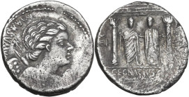 Cn. Egnatius Cn. f. Cn. n. Maxsumus. AR Denarius, 75 BC. Obv. MAXSVMV[S]. Winged bust of Cupid right, bow and quiver of arrows over shoulder. Rev. Dis...