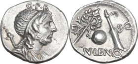 Cn. Lentulus. AR Denarius, uncertain mint, perhaps Spain, 76-75 BC. Obv. Draped male bust of Genius Populi Romani right, hair tied with band and scept...