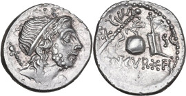Cn. Lentulus. AR Denarius, uncertain mint, pernhaps Spain, 76-75 BC. Obv. Draped male bust of Genius Populi Romani right, hair tied with band and scep...