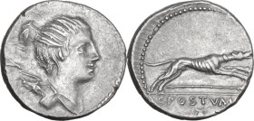 C. Postumius. AR Denarius, 74 BC. Obv. Draped bust of Diana right, hair tied into knot, bow and quiver over shoulder. Rev. Hound running right; below,...