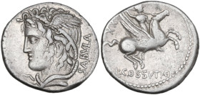C. Cossutius C.f. Sabula. AR Denarius, 74 BC. Obv. Head of Medusa left; behind, SABVLA. Rev. Bellerophon on Pegasus right, brandishing spear with righ...
