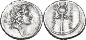 M. Plaetorius M. f. Cestianus. AR Denarius, 69 BC. Obv. Male head right, with flowing hair; behind, control-symbol. Rev. Winged caduceus; on right, M·...