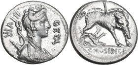 C. Hosidius C. f. Geta. AR Denarius, 68 BC. Obv. GETA-III·VIR. Diademed and draped bust of Diana right (smaller head), with bow and quiver over should...