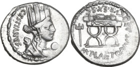 M. Plaetorius M. f. Cestianus. AR Denarius, 67 BC. Obv. Bust of Cybele right; behind, forepart of lion and CESTIANVS (AN ligate or not); before, globe...