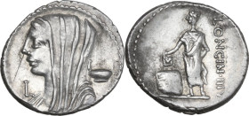 L. Cassius Longinus. AR Denarius, 63 BC. Obv. Veiled and draped bust of Vesta left; on right, dish; on left, L. Rev. Voter standing left, dropping tab...