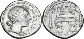 Geto-Dacians. AR Denarius, after 78 BC. Geta-Dacian imitation, copying L. Furius Cn.f. Brocchus(?). Obv. Wreathed head right; blundered legend around....