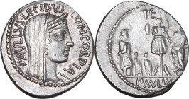 L. Aemilius Lepidus Paullus. AR Denarius, 62 BC. Obv. PAVLLVS·LEPIDVS-CONCORDIA. Diademed and veiled bust of Concordia right. Rev. Trophy; on right, t...