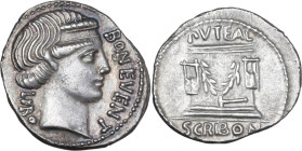 L. Scribonius Libo. AR Denarius, 62 BC. Obv. LIBO BON·EVENT. Diademed head of Bonus Eventus right. Rev. Puteal Scribonianum decorated with garland and...