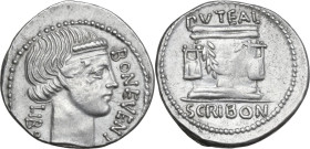 L. Scribonius Libo. AR Denarius, 62 BC. Obv. LIBO BON·EVENT. Diademed head of Bonus Eventus right. Rev. Puteal Scribonianum decorated with garland and...
