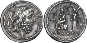 M. Nonius Sufenas. AR Denarius, 59 BC. Obv. Head of Saturn right; before, SVFENAS; behind, harpa, conical stone and S·C. Rev. Roma seated left on pile...