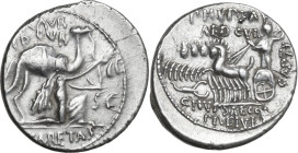 M. Aemilius Scaurus with Pub. Plautius Hypsaeus. AR Denarius, 58 BC. Obv. Camel right; before, King Aretas kneeling right, holding reins in left hand ...