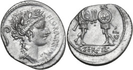 C. Servilius C.f. AR Denarius, 57 BC. Obv. Wreathed head of Flora right; behind, lituus; before, FLORAL·PRIMVS (MV ligate). Rev. Two soldiers facing e...