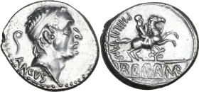 L. Marcius Philippus. AR Denarius, 56 BC. Obv. Diademed head of Ancus Marcius right; behind, lituus; below, ANCVS. Rev. PHILIPPVS. Equestrian statue r...