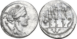 Faustus Cornelius Sulla. AR Denarius, 56 BC. Obv. Laureate, diademed and draped bust of Venus right; behind, sceptre and S·C. Rev. Three trophies; on ...