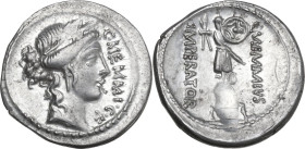 C. Memmius. AR Denarius, Rome mint, 56 BC. Obv. Head of Ceres right; on the right, C·MEMMI·C·F. Rev. Trophy; in the foreground, kneeling captive with ...