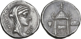 Q. Cassius Longinus. AR Denarius, 55 BC. Obv. Veiled head of Libertas right; on the right, VEST ; on the left, Q·CASSIVS. Rev. Temple of Vesta, within...