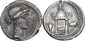 Q. Cassius Longinus. AR Denarius, 55 BC. Obv. Head of Libertas right; behind, LIBERT; before, Q·CASSIVS. Rev. Temple of Vesta, within curule chair; on...