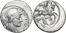P. Fonteius P.f. Capito. AR Denarius, 55 BC. Obv. P. FONTEIVS P.F. CAPITO III VIR. Helmeted and draped bust of Mars right, with trophy over shoulder. ...