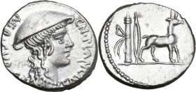 Cn. Plancius. AR Denarius, 55 BC. Obv. Head of Diana Planciana right, wearing causia; before, CN·PLANCIVS; behind, AED·CVR·S·C. Rev. Cretan goat right...