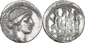 M. Iunius Brutus. AR Denarius, 54 BC. Obv. Head of Libertas right; behind, LIBERTAS. Rev. The consul L. Iunius Brutus walking left between two lictors...