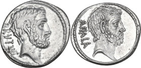 M. Junius Brutus. AR Denarius, 54 BC. Obv. BRVTVS Head of L. Junius Brutus the Ancient right. Rev. AHALA. Head of C. Servilius Ahala right. Cr. 433/2;...