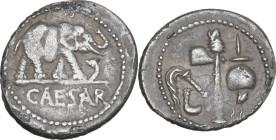 Caius Julius Caesar. AR Denarius, mint moving with Caesar, 49-48 BC. Obv. Elephant advancing right, trampling on horned snake; in exergue, CAESAR. Rev...