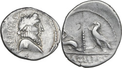 Cn. Pompeius Magnus. AR Denarius, mint moving with Pompey, 49 a.C. Obv. Terminal bust of Jupiter right, wearing diadem; behind, VARRO PRO -Q. Rev. Dol...