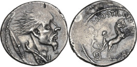 L. Hostilius Saserna. AR Denarius, 48 BC. Obv. Bearded bust of Gallic enemy with flowing hair ('Vercingetorix'); Gaulish shield behind. Rev. L HOSTILI...