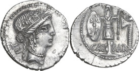 Julius Caesar. AR Denarius, mint moving with Caesar, 13 July 48-47 BC. Obv. Female head right, wearing oak-wreath and diadem; behind, ⊥II. Rev. Trophy...