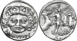 L. Plautius Plancus. AR Denarius, 47 BC. Obv. Facing head of Medusa with coiled snake on either side; below, L. PLAVTIVS. Rev. Aurora flying right, he...