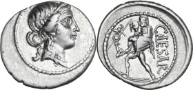 Julius Caesar. AR Denarius, Africa, 47-46 BC. Obv. Head of Venus right, wearing diadem. Rev. Aeneas left, carrying palladium in right hand and Anchise...